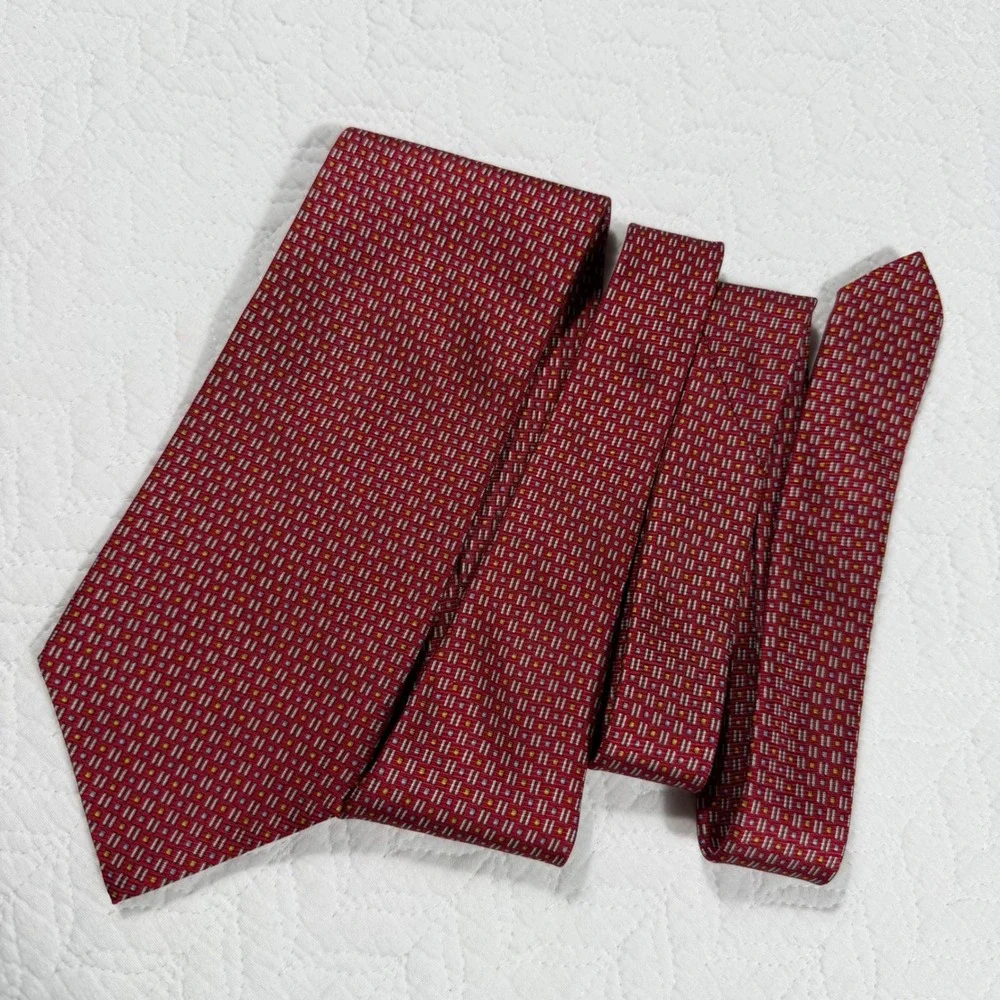 Dion Signature Necktie Men‎ Red Geometric Italian Silk Handcrafted EUC